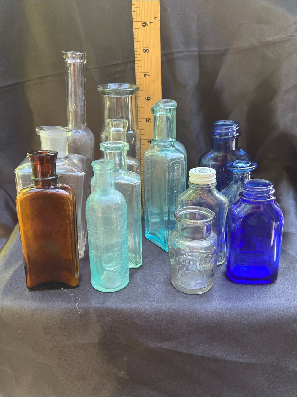 Lot of Vintage Assorted Glass Bottles - Amber, Aqua & Cobalt Blue